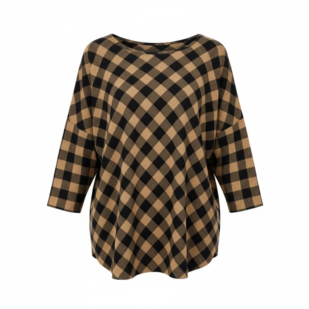 J. Jill Black & Tan Buffalo Plaid Lightweight Knit Top Size Large EUC